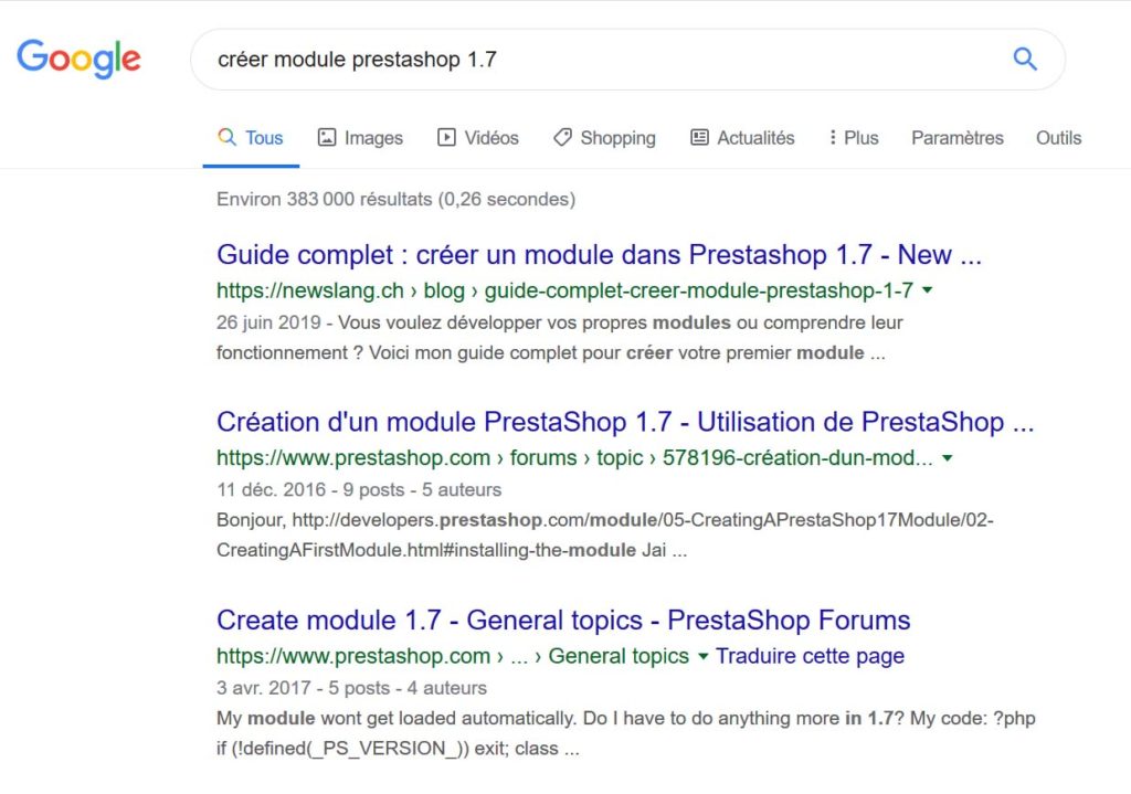 Mon guide complet pour créer un module dans Prestashop 1.7 est premier dans Google