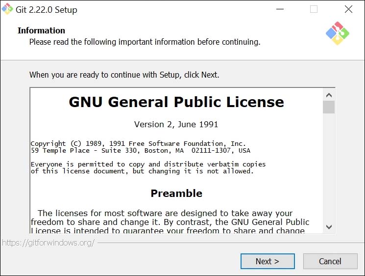 Licence d'utilisation lors de l'installation de Git