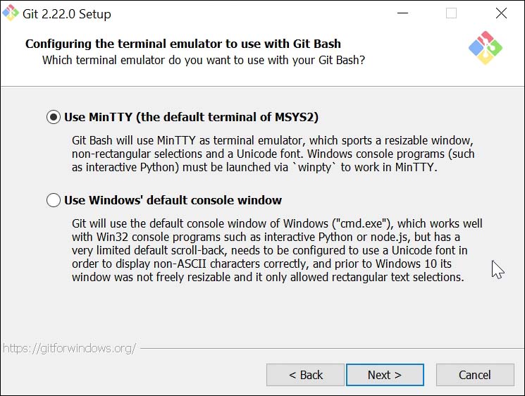 Type de terminal à utiliser : MinTTY ou la console Windows par défaut