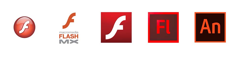 Quelques version du logo de Flash jusqu'à devenir aujourd'hui Animate