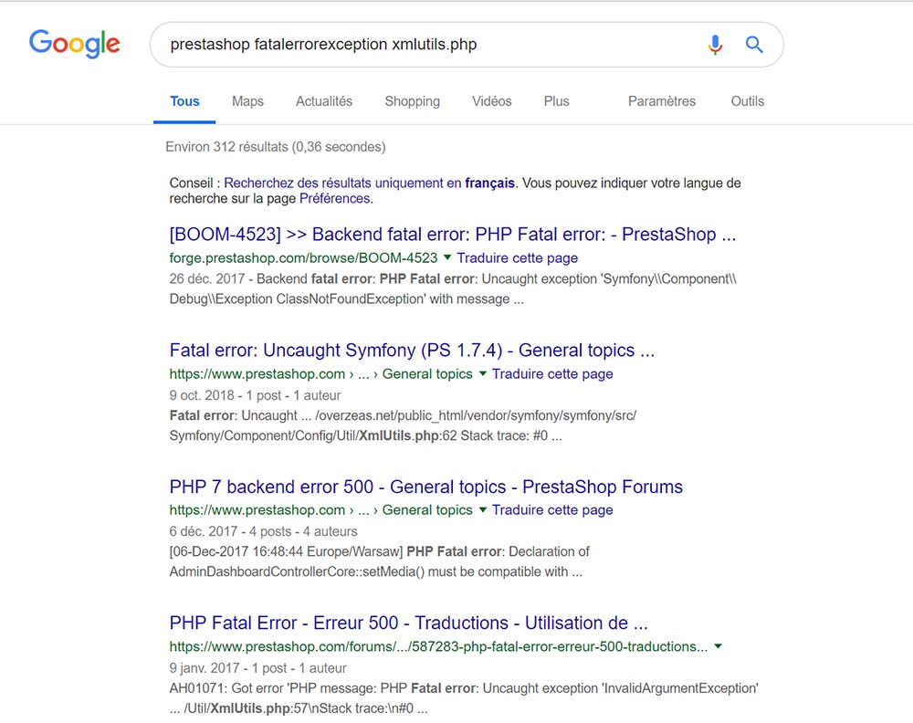 Recherche d'une erreur Prestashop dans Google