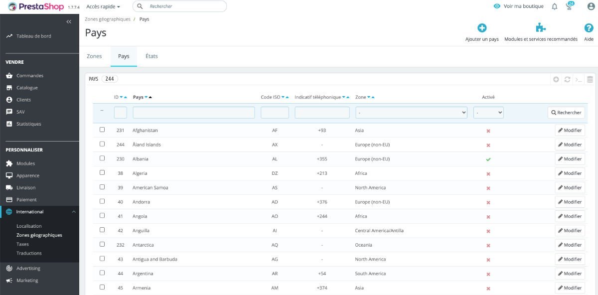 Gérer les pays dans le back-office de Prestashop