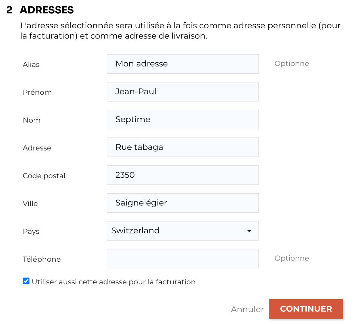 Voici le résultat après modification des champs d'adresse pour masquer l'entreprise et le numéro de TVA dans Prestashop