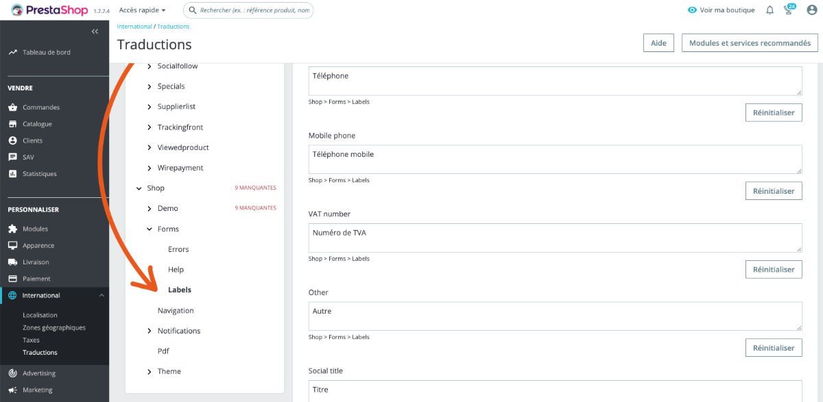 Traductions des étiquettes / labels des champs du formulaire d'adresse dans Prestashop.