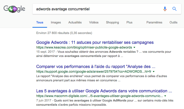 Et comment en une requête supplémentaire, ici "avantage concurrentiel", on tombe déjà sur très peu de contenu sur le sujet !