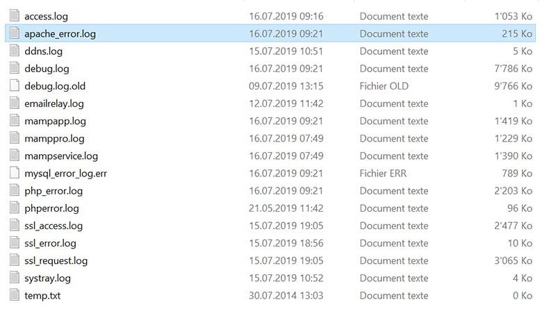 Fichiers de log de MAMP