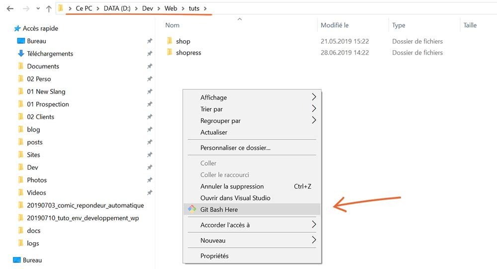 Option Git Bash Here dans le clic droit de l'explorateur