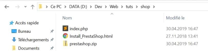 Une fois décompressé, voici les 3 fichiers utilisés pour l'installation en ligne de Prestashop