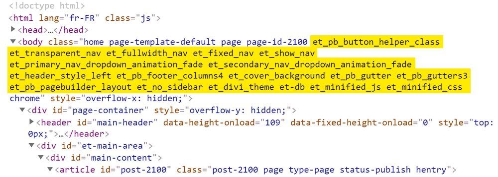 Les classes ajoutées par Divi à la balise<body>