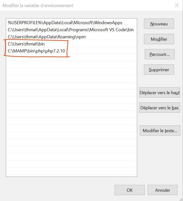 Ajouter PHP et le dossier bin de l'utilisateur au PATH de Windows