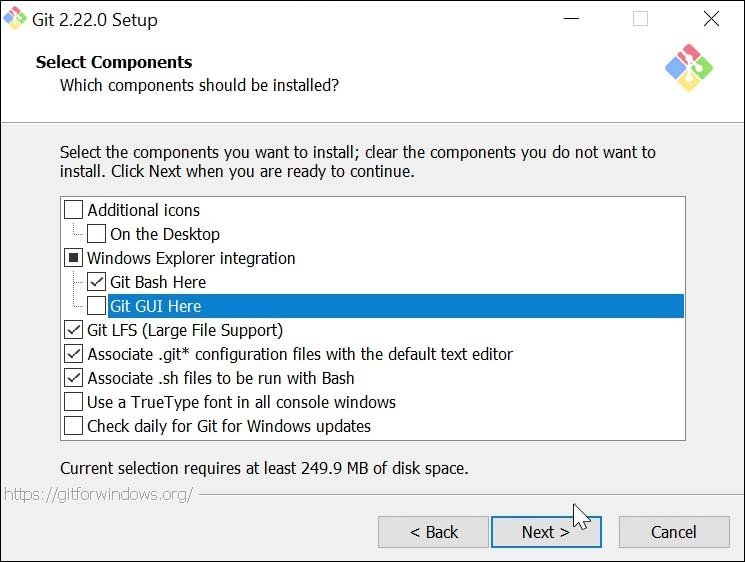 Choisir les options à installer pour Git