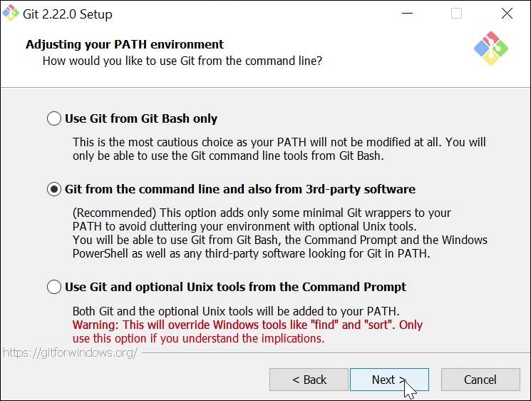 Choix de la gestion du PATH de Windows lors de l'installation de Git