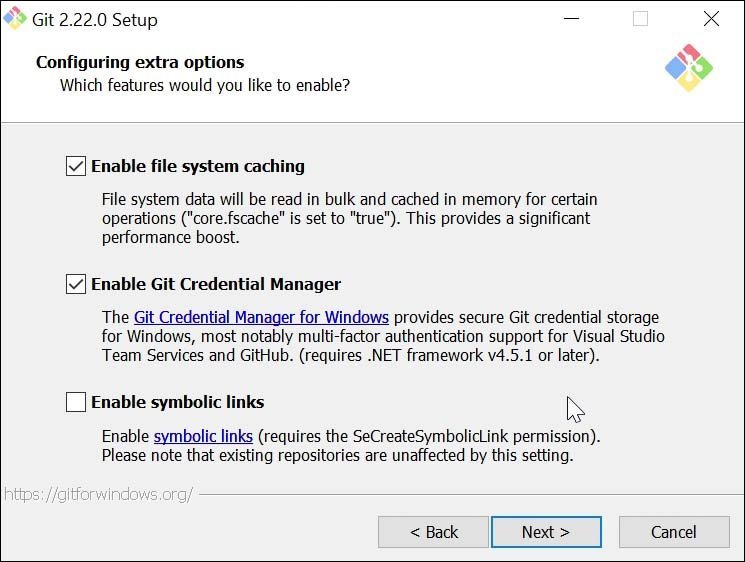 Options supplémentaires lors de l'installation de Git