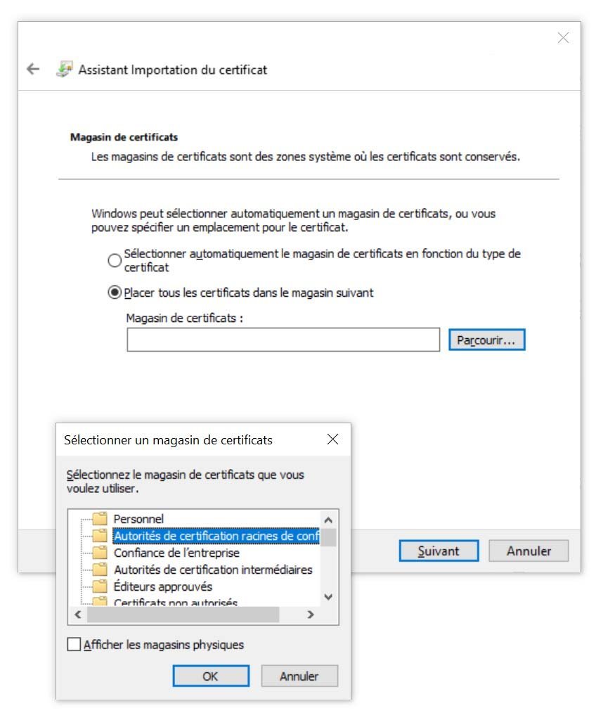 Choisir le magasin de certificat à l'installation sous Windows