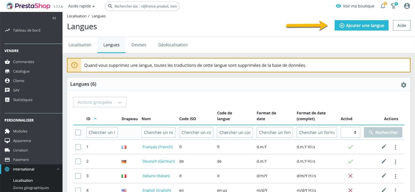 Ajouter une langue dans Prestashop par le menu Langues