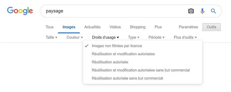 Filtrez les images par droit d'usage sur Google Image