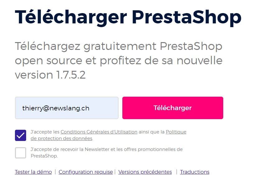 Lancer le téléchargement de Prestashop