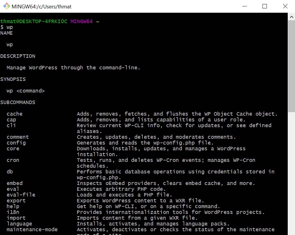 Résultat affiché à l'utilisation de la commande wp dans Git Bash