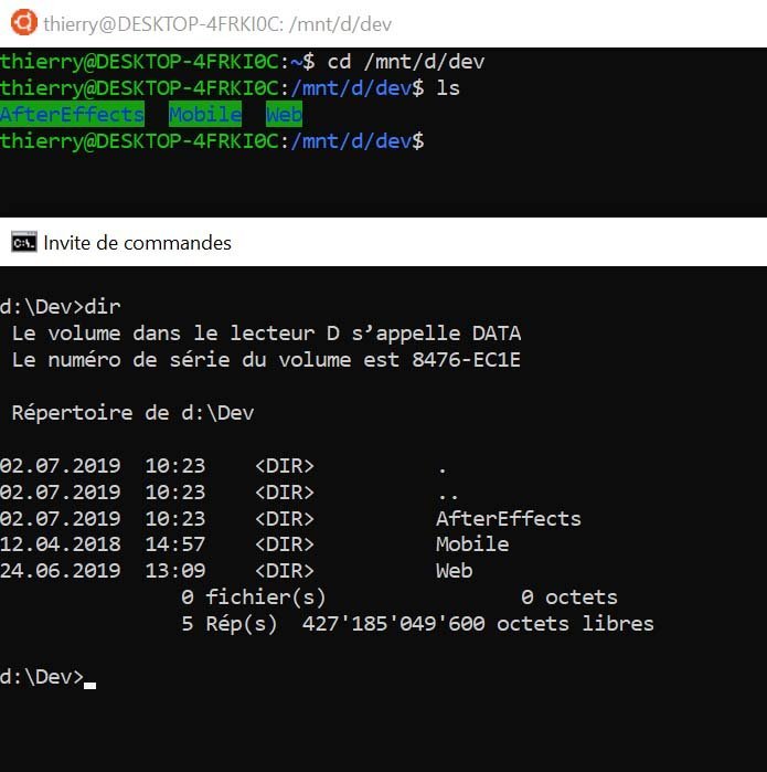 Différence des dossiers dans Ubuntu par rapport à l'invite de commande Windows.