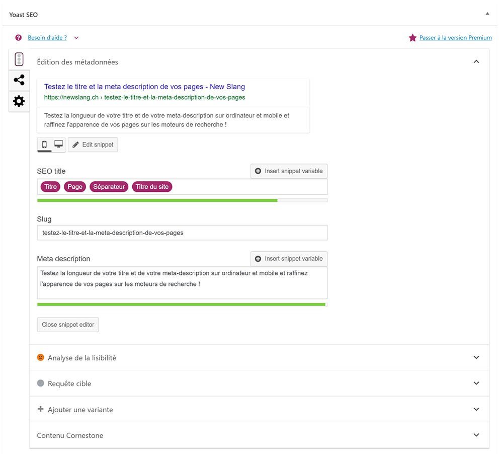 Yoast SEO - Aperçu du titre et de la meta description