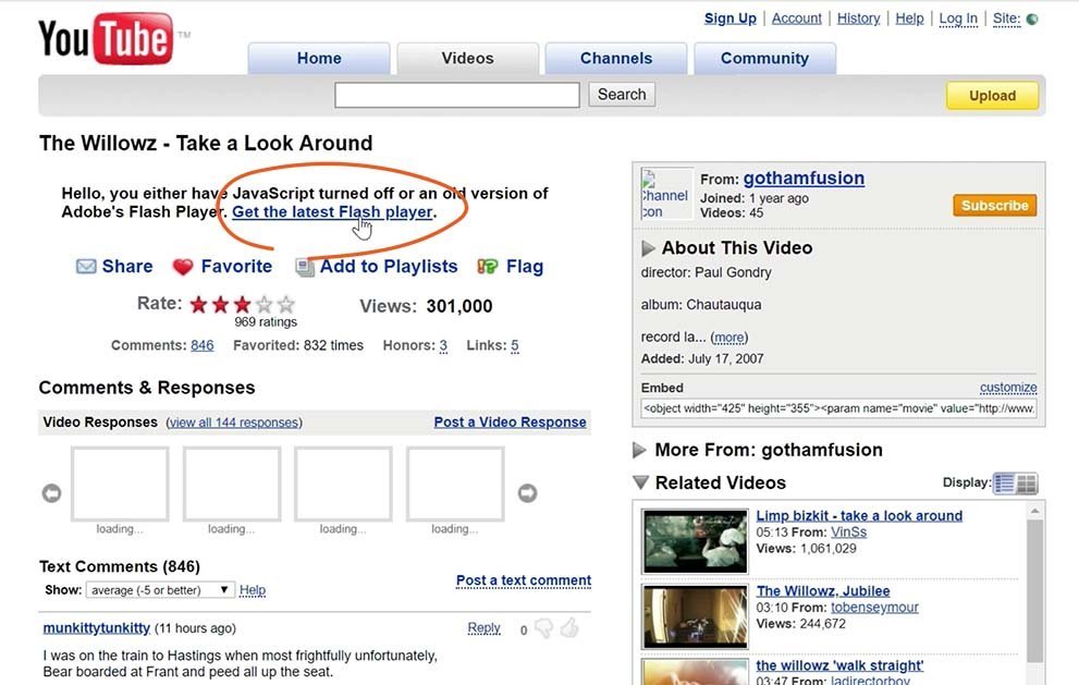 Flash Player dans les premières versions de YouTube
